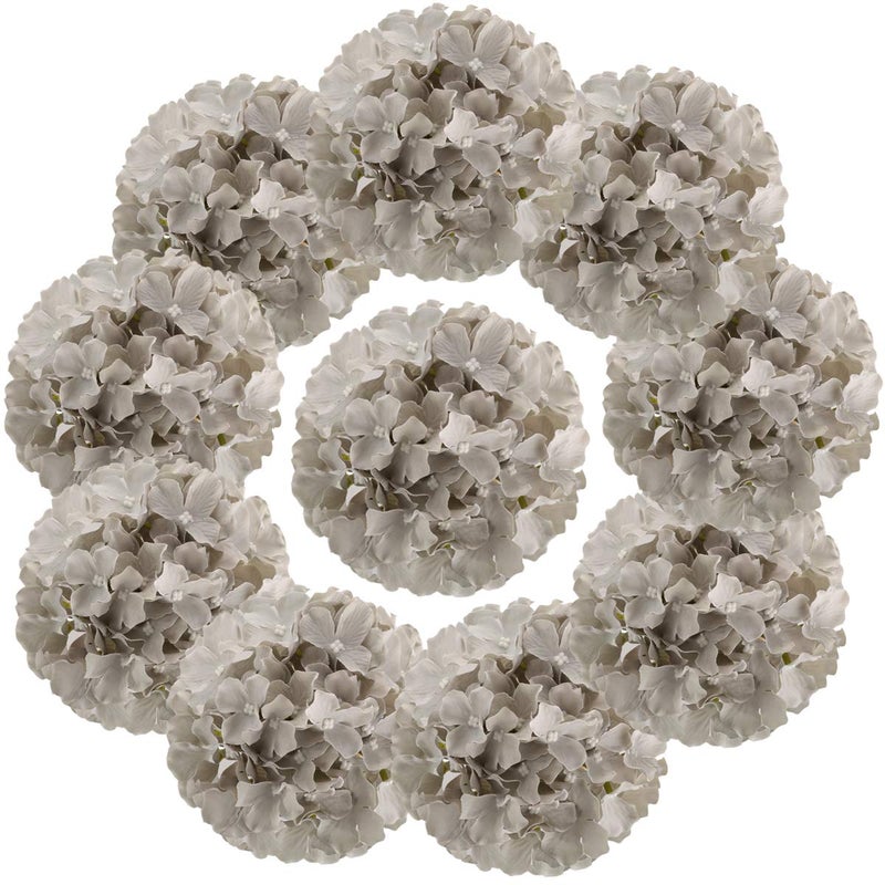 Flojery Silk Hydrangea Heads Artificial Flowers Heads with Stems for Home Wedding Decor Pack of 10 (Gray) - Image 1